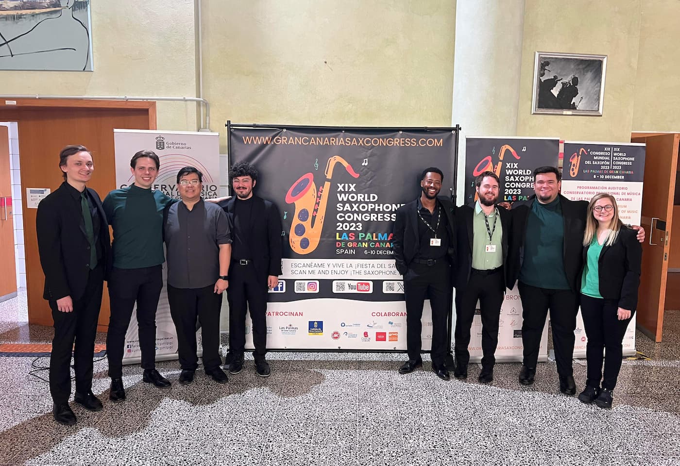 Members of the UNT Saxophone Octet pose for a photo at the World Saxophone Congress in Spain