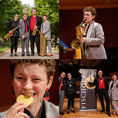 Four images of Grace Gelpi, two individually and two with Mixed Media saxophone quartet