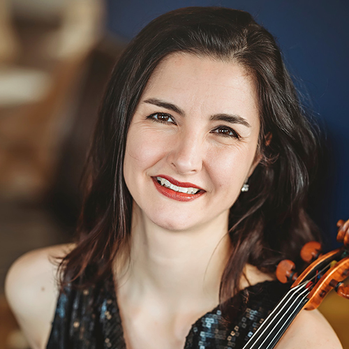 Daphne Gerling, female with shoulder length black hair, brown eyes, wearing a sequence top, and holding a viola.