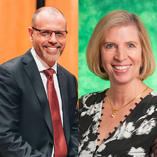 Photo of two people side by side. Bradley Beckman, bald with a bearing and glasses wearing a suit and red tie. Debbie Rohwer, female with shoulder length blond hair wearing a black and white floral shirt. 