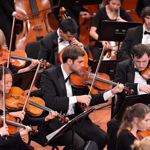 Student playing viola as part of the UNT orchestra.